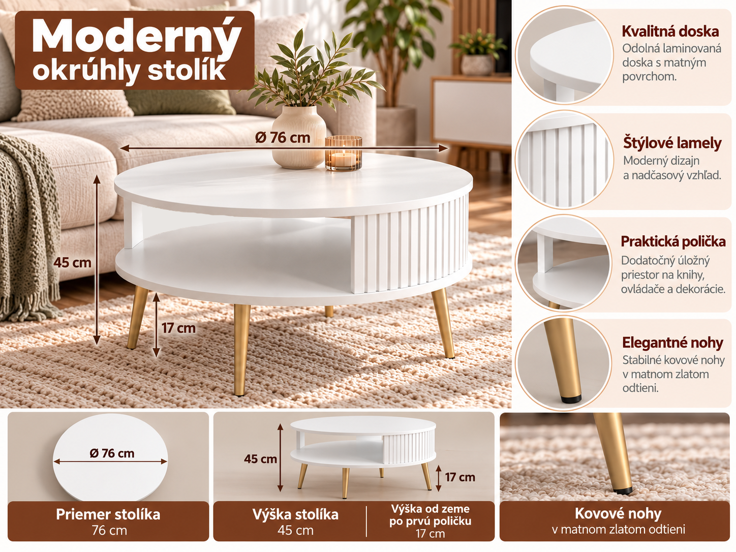 Moderný okrúhly stolík s detailmi